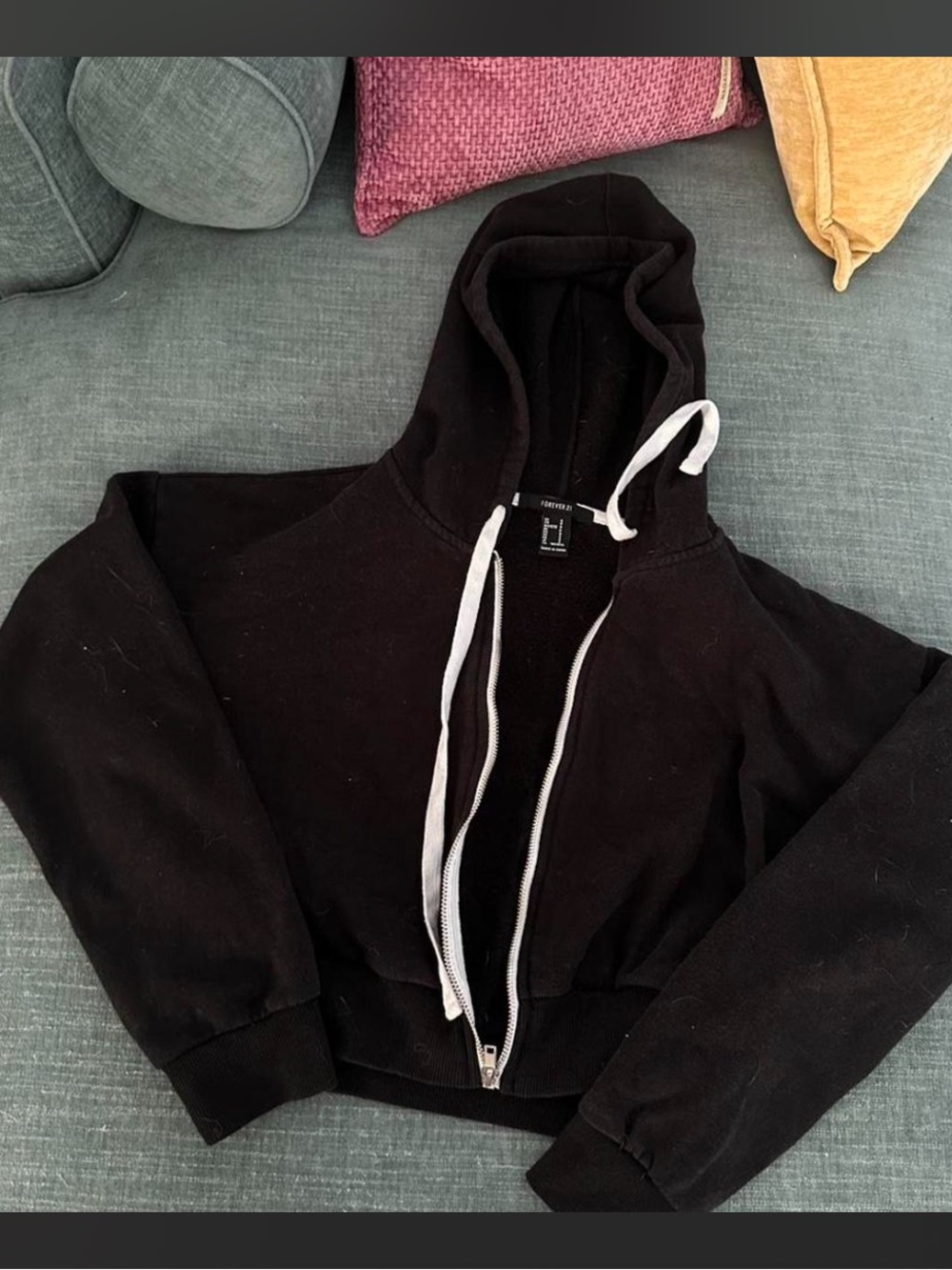 Black Cropped Hoodie Sweater with White Drawstrings and purple